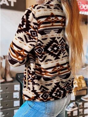 Aztec Print Sherpa Jacket Sweater - Cream & Brown